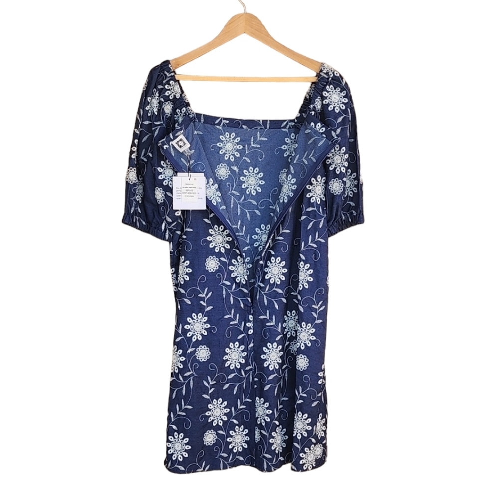 ANNE KLEIN Blue Embroidered Chambray Denim Dress 12 Floral Cotton Shift - Picture 10 of 16